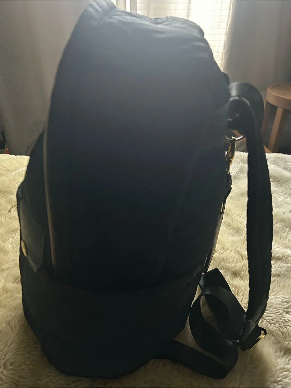 Adrienne Vittadini Black Quilted Backpack with Gold Accents